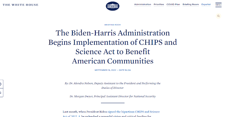 The Biden-⁠Harris Administration Begins Implementation of CHIPS and Science Act to Benefit American Communities